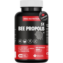 Inno Nutrition Bee Propolis 5X Extract 600mg 200 Vegan Capsules 6 Month Supply Natural Immune Support Sore Throat Relief Non-GMO No Sugar Allergen Free Made In Canada