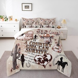 Western Cowgirl Comforter Set Queen Size,Cactus Highland Cow Fur Print Quilt Set,Southwest Inspirational Quotes Bedding Set for Kids Girls Boys Adult,Rustic Vintage Brown Duvet Insert 3Pcs