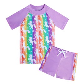 Kinberr Kids Bathing Suit Girls 3D Printed Rainbow Unicorn Swimsuits Novelty Quick Dry UPF50+ Rashguard Set with Drawstring