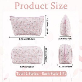 CABODYALS 2Pcs 2 Styles Floral Makeup Bag Set Cute Flower Zipper Make Up Cosmetic Pouch Polyester Portable Storage Quilted Toiletry Organizer Cloth Clutch Bags for Women Travel Accessories, Pink