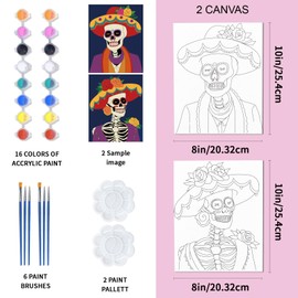 ACRNIGHEET 2 PCS Pre Drawn Canvas to Paint for Adults Sip and Paint Kit Party Supplies, Stretched Canvas for Painting Couples Painting Kit Date Night, Day of The Dead Easel Decorations 8 x 10 Inch