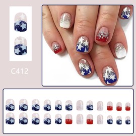 LRKNNO 4th of July Nails Short Press on Nails Square French Tips Fake Nails Star Glitter Designs Independence Day Glue on Nails Red Blue White Coffin Nails Full Cover Stick on Nails for Woman 24Pcs