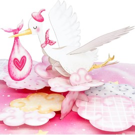 Liebessa 3D Pop Up Card Congratulations on Girl Birth (Baby), Greeting Card for Daughter, Birth Card for Girl's Birth, Handmade 3D Baby Card, Pink Stork