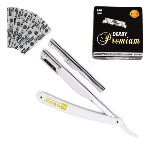 Professional Withe Straight Edge Razor with 100 Single Edge Derby Premium Blades - For Barbers, Salons, and Hair Enthusiasts-Macs-087B1 (Withe)