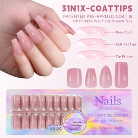 OFDNE Long Square Press on Nails 5 Colors Natural Color Soft Gel Nail Tips 150pcs Full Cover Natural Long Lasting Long Square False Nail Solid Color Fake Nails Extensions for Easy DIY Nail Art