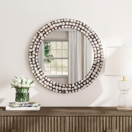 East at Main Round White Wall Mirror with Coconut Shell Frame – 28.25" Handcrafted Boho Accent Mirror for Bathroom, Living Room, or Entryway – Decorative Rustic Mirror with Painted Natural Texture