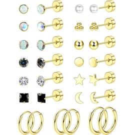 Jstyle 8 Pairs Surgical Steel Earrings for Sensitive Ears Hypoallergenic 20G Stainless Steel Stud Hoop Earrings for Women Men Small Opal Ball CZ Surgical Steel Flat Back Earrings Cartilage Earrings Jewelry:_black3