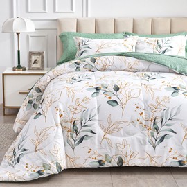 Joyreap 7 Piece Bed in a Bag King, Green Leaves Printed on White Botanical Design, Microfiber Comforter Set for All Season (1 Comforter, 2 Pillow Shams, 1 Flat Sheet, 1 Fitted Sheet, 2 Pillowcases)