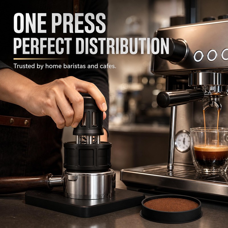 Coffee Distribution Tool 58mm, Spring-Level Distributor – One Press Levels