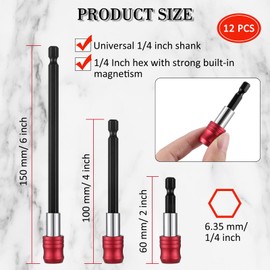 Honoson 12 Pcs Drill Bit Extension Magnetic Drill Extension Bit Holder 1/4 Inch Hex Shank Automotive Quick Release Screwdriver Extender Adapter Set for Screws Nuts Handheld Driver 3 Sizes