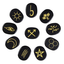 dssmboom Set of 10 Black Obsidian Crystal Rune Stones Engraved Gypsy Symbol Pocket Stone for Divination Chakra Balancing Rei Healing