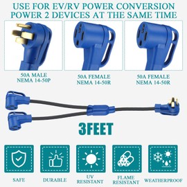 Kanayu 50Amp 14-50 Y Splitter Adapter Cord ETL Listed 4 Prong 250V Splitter for RV and EV Heavy Duty 6/3+8/1 STW AWG RV Generator Outdoor Extension Cord(14-50p to 2 x 14-50r,3ft,Blue,Black)