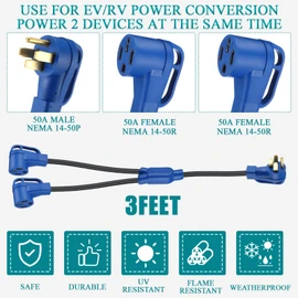 Kanayu 50Amp 14-50 Y Splitter Adapter Cord ETL Listed 4 Prong 250V Splitter for RV and EV Heavy Duty 6/3+8/1 STW AWG RV Generator Outdoor Extension Cord(14-50p to 2 x 14-50r,3ft,Blue,Black)