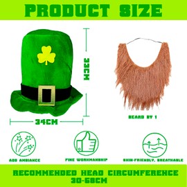 St. Patrick's Day Hat with Ginger Beard for Adult,Deluxe Green Shamrock Leprechaun Top Hats St Patrick's Day Accessories Irish Fancy Dress Costume Headwear Accessory Paddy's Day Hat for Men Women