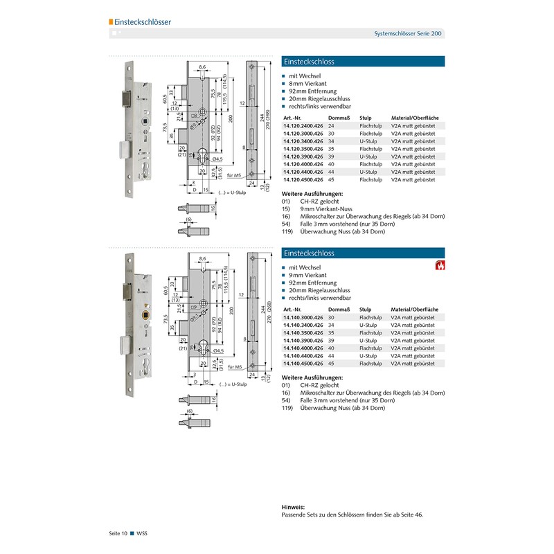 Mortise lock 8 mm square - backset: 44, lock face: