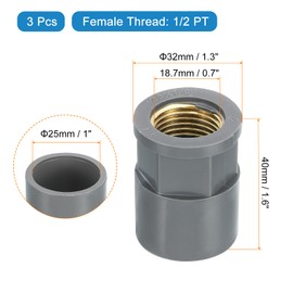 sourcing map 3 Pcs PVC Pipe Fittings, 25mm 1/2 PT Female Brass Threaded Pipe Coupling Pipe Fitting Hose Adapter Connector for Home Sewer Plumbing Irrigation, Grey