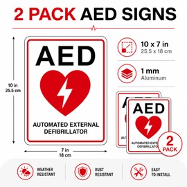 2 Pack AED Sign 10 X 7 Inch Aluminum AED Signs for Wall Self Adhesive Automated External Defibrillator Sign with 4 Pre-Drilled Holes for Business School Restaurant Hospital Office Public Place (White)