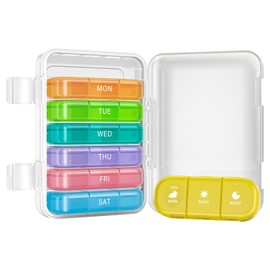Vikie Weekly Pill Organizer 3 Times a Day, MORN NOON NIGHT, BPA-Free, Portable & Moisture-Proof for Pills, Vitamins, Supplements (3x7 Transparent + Rainbow)