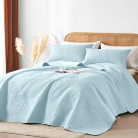 OARAGE King Quilt Bedding Set Lightweight Soft Aqua Blue Bedspread Coverlet with Leaf Pattern,Ultrasonic Microfiber Bed Cover Set for All Season 3 Pieces (1 Quilt, 2 Shams)