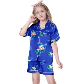 Conjunto de pijama de satén para niñas y mujeres, ropa de dormir de 2 piezas, 3 años, para mujer, XXL, Azul Floral, 3 Años/4 Años