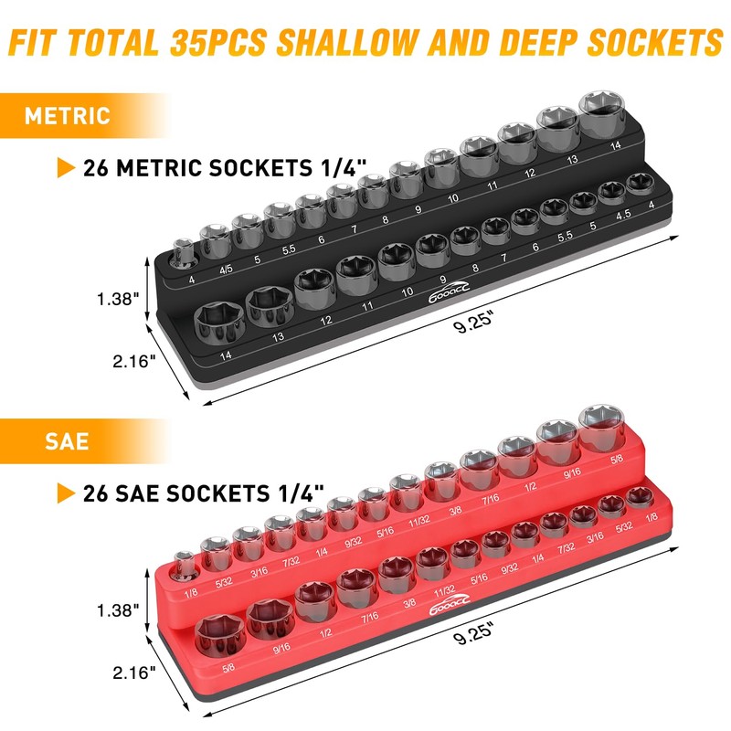 GOOACC 1/4" Magnetic Socket Organizer Set, 2-Piece Metric & SAE