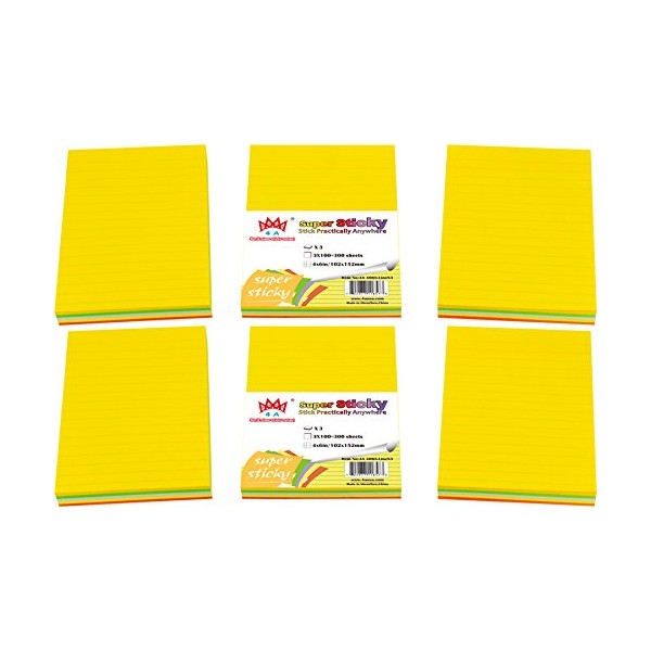 4A Super Sticky,4 x 6 Inches,Neon Assorted,Lined,100 Sheets/Pad,3 Pads/Pack,2 Packs/Set,600