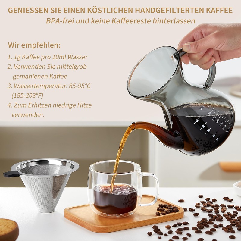 MESNEY Handfilter Kaffeekanne 800ml – Glas Kaffeebereiter mit Edelstahlfilter, Wiederverwendbarer