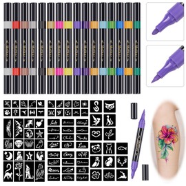 Temporary Tattoo Markers for Skin | Dual-End 16-Count Body Markers + 72 Large Tattoo Stencils | Temporary tattoos for Adults and Kids | Flexible Brush Tip, Bright colors, Skin-Safe*, Cosmetic-Grade