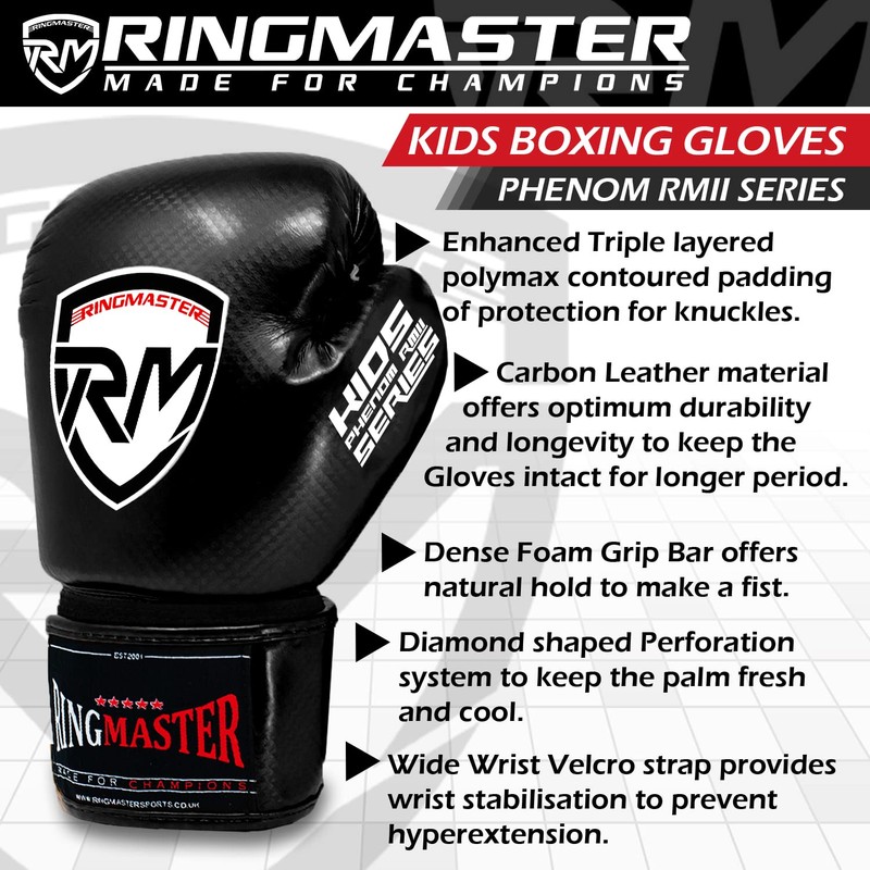 RingMaster Sports Kids Boxing Gloves Carbon Leather Training Sparring Punch