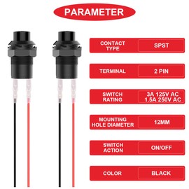 MKBKLLJY 12Pcs 12mm Black Mini Round Latching Push Button Switch AC 250V 1.5A 125V 3A On Off 2Pin Self-Locking Micro Switch 12V with Terminal Wires&Wiring Cap for Car Boat PC Table Lamp