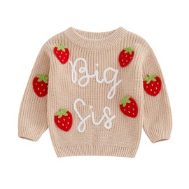 Kids Baby Girl Big Sis Letter Sweater Top Cute Strawberry Embroidery Knit Top Long Sleeves Round Neck Pullover Knitwear (Beige, 3-4 Years)