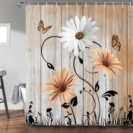 Rustic Farmhouse Floral Shower Curtain, Farm Teal Daisy Floral Butterfly Old Wood Panel Rustic Shower Curtain, Turquoise Blue Fabric Bathroom Accessory Set with Hooks, 69 x 70, Orange