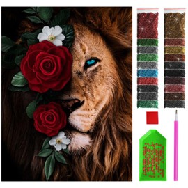 ARTULIO Diamond Painting Set - Lion with Red Roses - 30 x 40 cm - 5D Diamond Painting Pictures DIY, Diamond Painting Adults