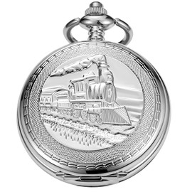 Tiong Silver Color Hollow Right Locomotive Design Mechanical Pocket Watch, Roman Numerals Mechanical Pocket Watches for Men with Chain Gift