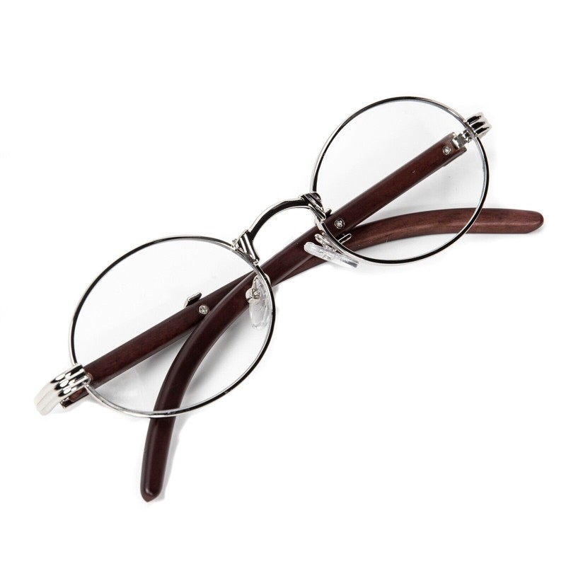 Street Knitted Men's Woodgrain Silver Frame Circle Clear Tint Designer