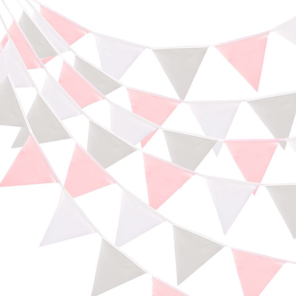 G2PLUS 12M Large Fabric Bunting Banner, 19x21CM Reusable Cotton Triangle Flag Garland with 42PCS Pink Grey and White Pennants for Garden Tea Wedding Baby Shower Birthday Parties