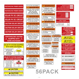 56 Pack PV Solar System Install Label Kit, Joyfulmap Photovoltaic Safety Labels,Photovoltaic Power Source Labels, Solar PV Safety Warning Pack