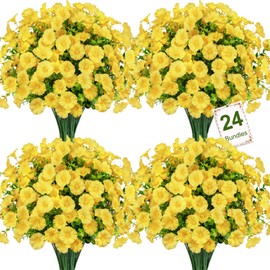 Ouddy Decor 24 Bundles Artificial Flowers for Outdoors Decoration Fake Silk Morning Glory Flowers Faux Eucalyptus Plants UV Resistant for Porch Patio Garden Spring Summer Home Decor, Yellow