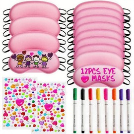 22 PCS Sleepover Party Supplies, 12 PCS Sleep Eye Masks Blindfold Slumber Eye Covering with 2 Sheets Self-Adhesive Heart Rhinestones Gems&8 PCS Fabric Marker Pens, Pink