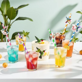 Serencatcher Hummingbird Birthday Party Decorations, 50Pcs Watercolor Floral Hummingbird Party Paper Straws Disposable Striped Paper Drinking Straws for Bird Birthday Baby Shower Decorations Supplies