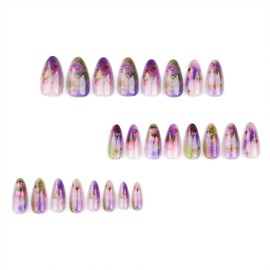 WAFOLOZE WAFOLOZE Nails Press on, Almond Press on Nails Medium Girls Fake Nails with Lotus Blooming Summer Flower Design, Acrylic Artificial False Nails Press Ons Floral Glue on Nails For Women