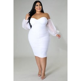EDITCOZY Women Plus Size Off Shoulder Mesh Long Sleeve Bodycon Club Cocktail Ruched Midi Dress White XL