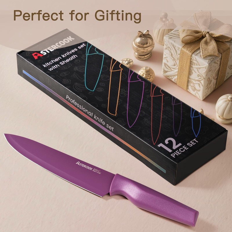 Astercook 6 Piece Color-Coded Kitchen Knife Set, Stainless Steel Chef