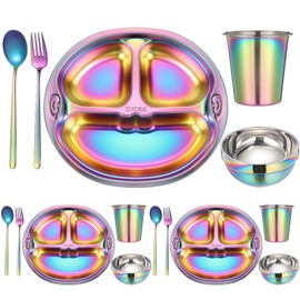 Tioncy 15 Pcs Stainless Steel Kids Dinner Set Including 3 Bowls, 3 Balanced Bites Divided Plates, 3 Cups, 3 Spoons and 3 Forks, Stainless Steel Lunch Plates Dinnerware Set for Kids Toddlers (Cute)