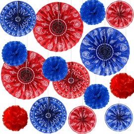Outus 21 Pcs Western Party Decorations Paper Fans Tissue Pom Poms Wild West Bandana Hanging Paper Fans Ceiling Wall Garland for Western Cowboy Themed Party Classroom Decorations
