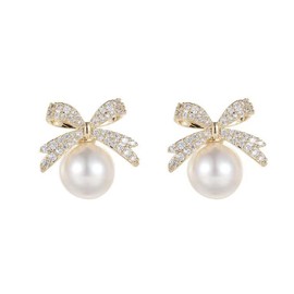 Pearl Bow Earrings for Women Rhinestone Bow Ribbon Earrings Red Ball Pearl Bow Stud Earrings Pearl Dangle Drop Earrings Christmas Gifts for Women