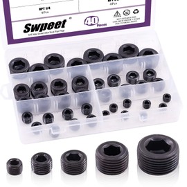 Swpeet 40Pcs 5 Sizes NPT Carbon Steel Pipe Fitting Assortment Kit, 1/8" 1/4" 3/8" 1/2" 3/4" NPT Plug Carbon Steel Internal Hex Thread Socket Pipe Plug Set for Use in Wet Environments