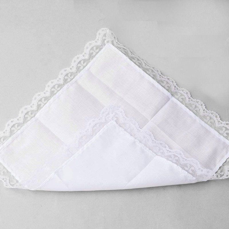 6 Pieces Ladies Cotton Handkerchiefs, 60S Womens Lace White Hankies