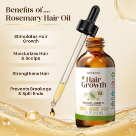 Bofuoos Organic Rosemary & Castor Hair Growth Oil + Scalp Massager Set – Premium Hair Strengthening Oil for Boosting Hair Health, Thickening, Soothing, Moisturizing and Natural Growth – 4.0 oz