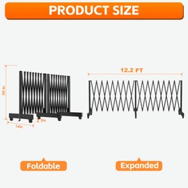 JTZFD 12.2FT Black Industrial Metal Expandable Barricade，Retractable Traffic Fence with Casters, Folding Security Gate，Portable Barricade Gate for Construction Area, Traffic Control, Cordon